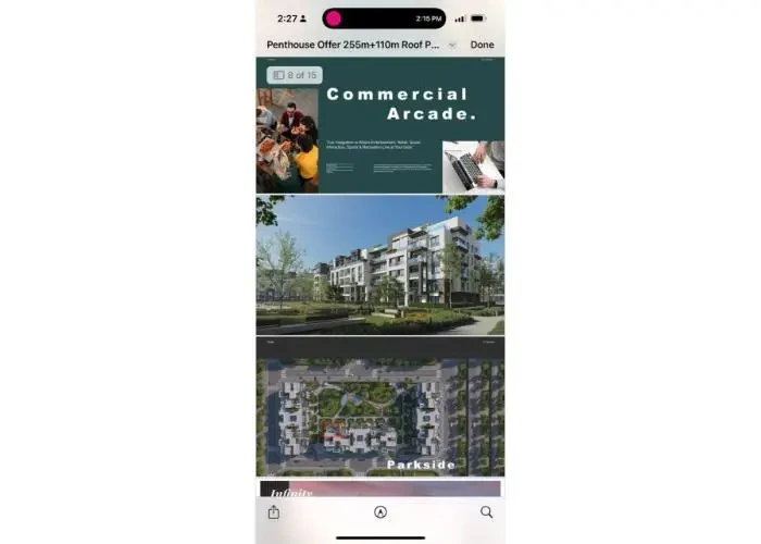 Penthouse for sale in Trio Garden Compound brochure showing facade and layout